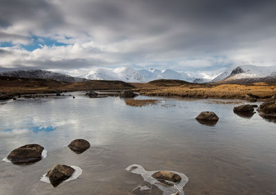 Scenic view of lake and snowcapped mountains against sky