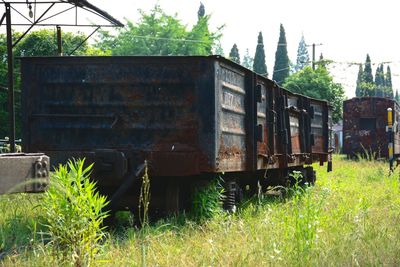 Abandoned train in grass