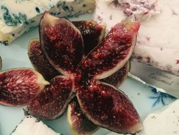 High angle view of strawberries on table