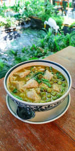 High angle view of soup in bowl on table