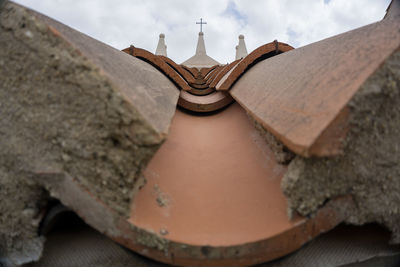 Close-up of temple on building against sky