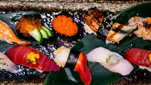 Close-up of sushi served in plate