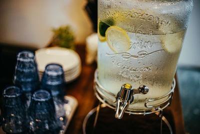 Close-up of beer glass on table