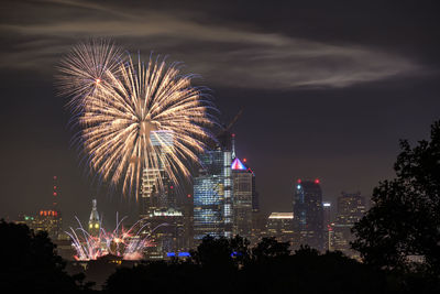 Low angle view of firework display against sky at night