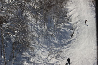 Person walking on snow covered land