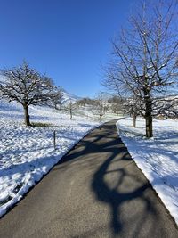 Bare trees on snow covered field against sky