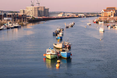 Boats in sea, calm in shoreham harbour..