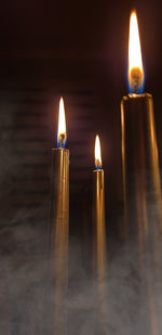 Close-up of illuminated candles on table