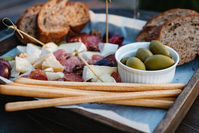 Close-up of breakfast served in tray on table