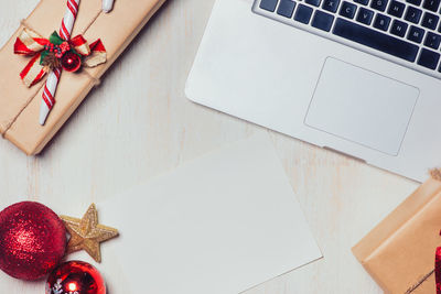 High angle view of christmas decorations on table