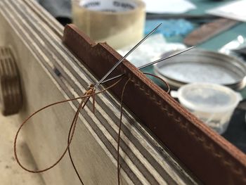 High angle view of insect on glass