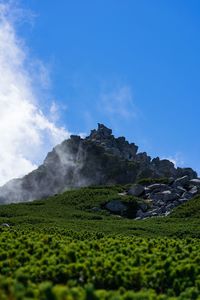 Scenic view of land and mountains against sky