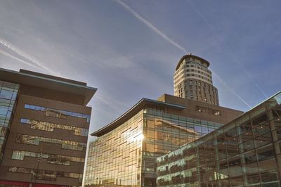 Low angle view of skyscrapers against sky in salford quays 