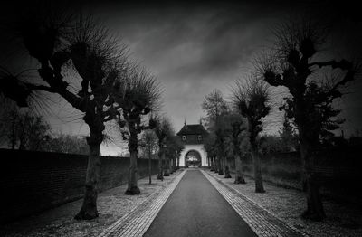 Empty footpath amidst trees and buildings against sky