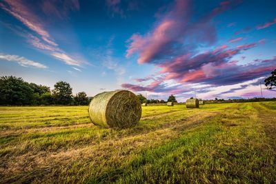 Hay bales on field against sky