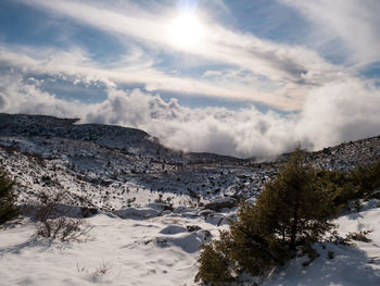 Scenic view of snowcapped mountains against sky