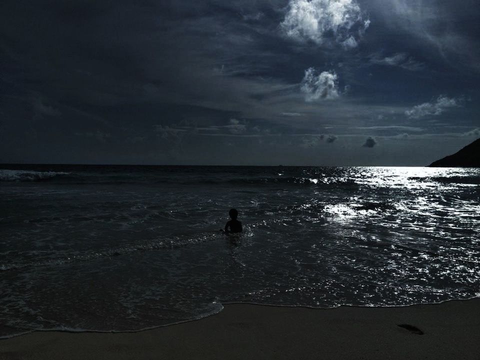 sea, water, horizon over water, sky, scenics, beach, tranquil scene, cloud - sky, beauty in nature, tranquility, shore, nature, cloudy, idyllic, silhouette, cloud, reflection, vacations, wave, dusk