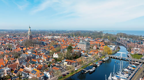 Aerial from the historical city enkhuizen with the zuiderkerk in the netherlands