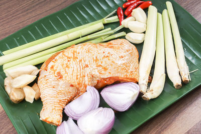 High angle view of vegetables on table