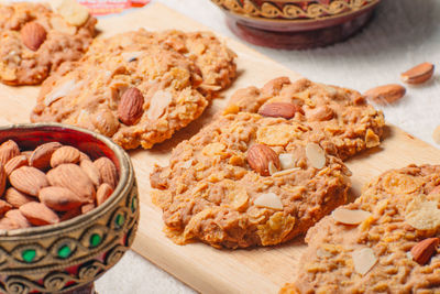 Close-up of cookies in basket on table