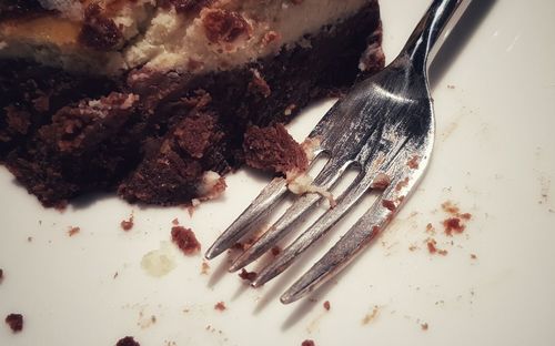 High angle view of chocolate cake in plate