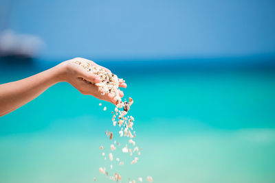 Cropped hands of woman pouring seashells against sea during sunny day