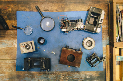 Directly above shot of equipment on table