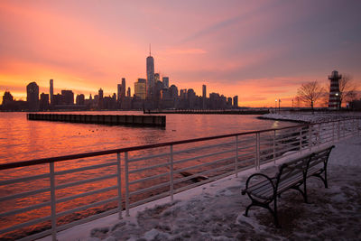 Buildings in city during sunset