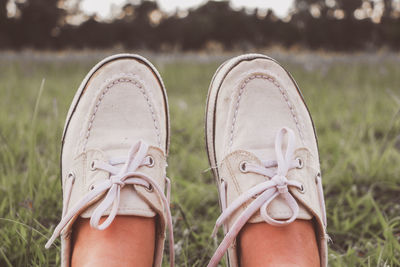 Low section of person wearing shoes on grass