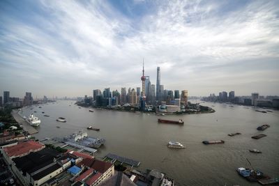 High angle view of city at waterfront