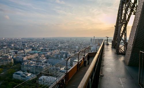 High angle view of city at sunset