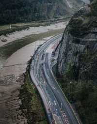 High angle view of highway by road in city