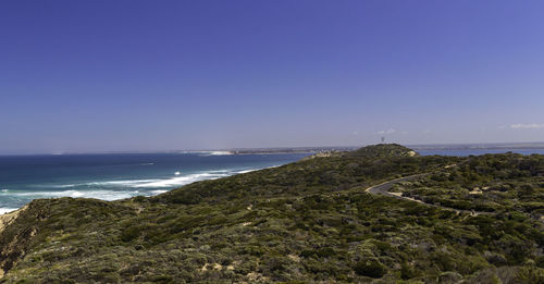 Scenic view of sea against clear blue sky