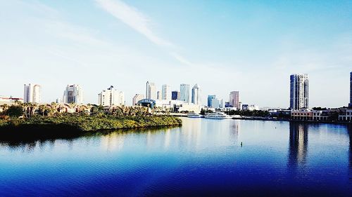 City skyline against blue sky