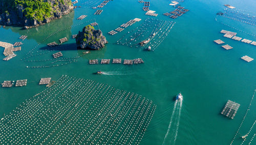 High angle view of boats in sea