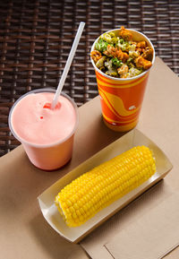 High angle view of breakfast on table