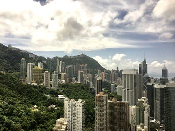 High angle view of buildings against sky