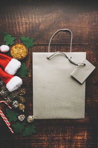 High angle view of christmas decorations on table