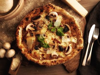 High angle view of pizza on table