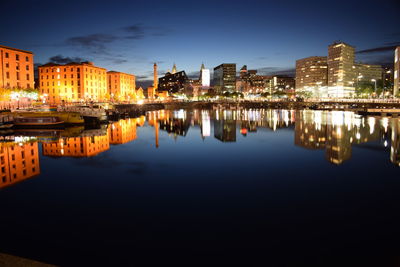 Reflection of buildings in city at night