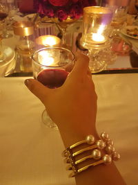 Close-up of hand holding lit candle