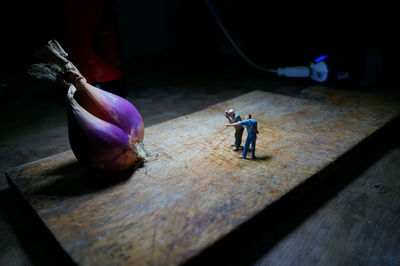 High angle view of figurines and shallots on cutting board