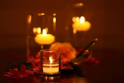 Close-up of tea light candle on table