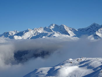 Snowcapped mountains against clear blue sky