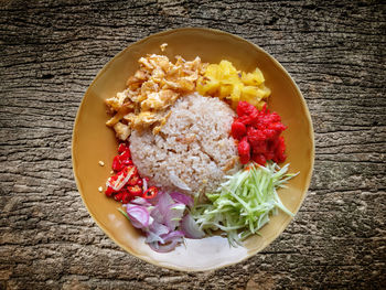 High angle view of breakfast served on table