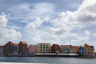 Buildings by river against sky in city