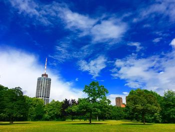 Trees growing on field against cloudy sky