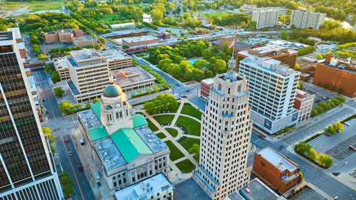 High angle view of buildings in city