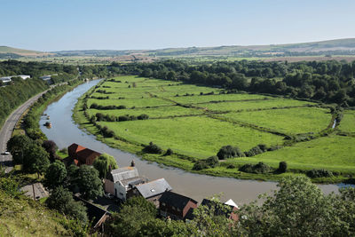 High angle view of agricultural field against sky