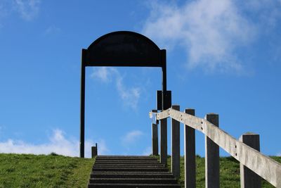 Low angle view of built structure on field against sky